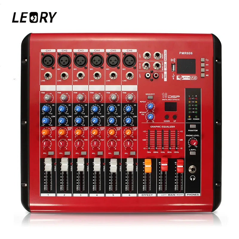 

LEORY Professional 6 Channel bluetooth Audio Mixer Console Karaoke Microphone Sound USBMixing Amplifier 48V Phantom Power