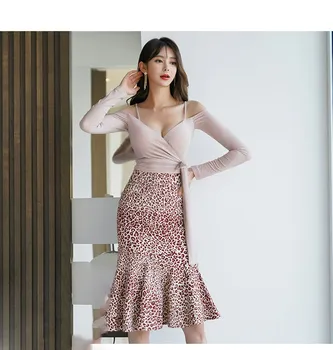 

2019 Fashion Women Deep V-Neck Spaghetti Strap Crop Top And Leopard Print Bodycon Skirt Two Piece Set Sexy Ol Suits