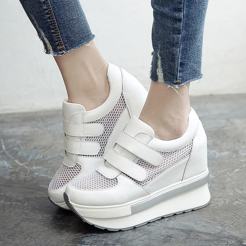 

Women Wedge Platform Rubber Brogue Leather Lace Up High heel Shoes Pointed Toe Increasing Creepers White Silver Sneakers 12cm