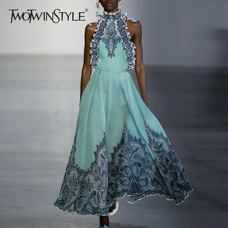 

TWOTWINSTYLE Elegant Off Shoulder Print Dress Women Sleeveless High Waist Hit Color Female Dresses Spring 2019 Sexy Fashion