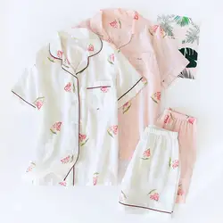 Новые модные женские туфли цветочный принт хлопок пижамы для девочек летние топы с короткими рукавами и шорты из двух частей