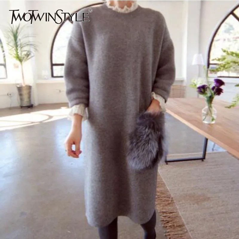 

TWOTWINSTYLE Patchwork Fur Pocket Dresses Female Long Sleeve O Neck Knitting Dress Women Casual Fashion Knitwear 2019 Autumn
