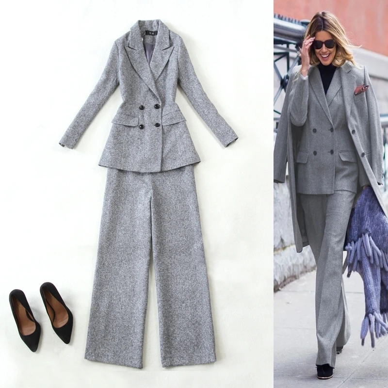 

Women's suit2019autumn and winter new fashion gray Slim double-breasted long-sleeved suit and wide-leg pants wool two-piece suit