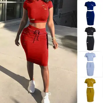 

Women 2019 Hollow Out Slim 2 Piece Bodycon Two Piece Crop Top and Skirt Set Hole Bandage Dress Party Solid