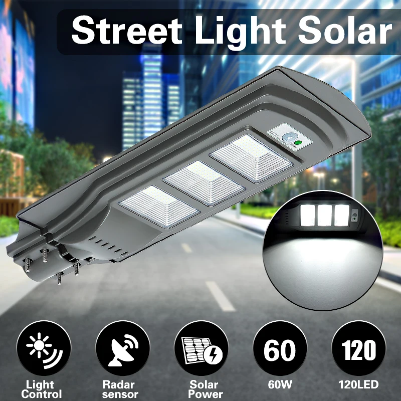 

Mising 60W Solar Street Light 120LED 2835SMD 6V 12W Solar Power Outdoor Light with Light Control Radar Sensor Grey Pathway Lamp