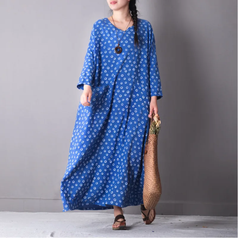 

LANMREM 2019 Women Cotton And Linen Dress Fashion Spring Pullover V-neck Collar Pocket Printing Over Knee Big Size Clothes TB305