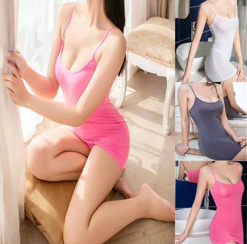 

Women Nylon Strappy Lingerie Deep O Neck Elastic Nightwear Sling Dress Sheer Dress
