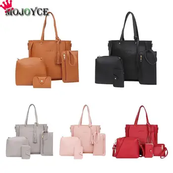 

4pcs/set Litchi Leather Tassel Women Solid Color Crossbody Tote Shoulder Messenger Handbags Clutch Card Holder Bags