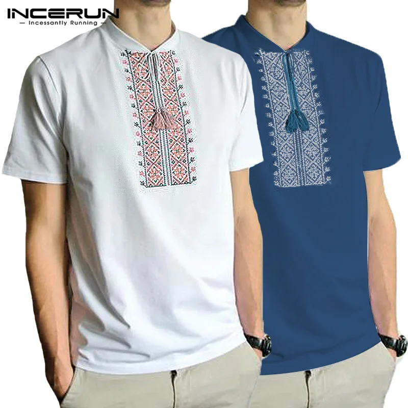 

Ukraine Style Embroidered 2019 Ethnic Men T Shirts Man Women Tee Tops Short Sleeve Stand Collar Loose Casual Tee White Clothes