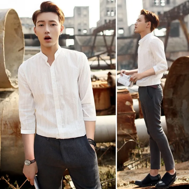 

Men's Shirtssummer New Youth Popular Solid Color Loose Stand Collar Cropped Sleeves Handsome Personality Casual Men's Clothing