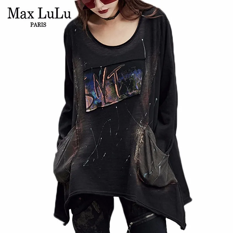 Женская футболка Max LuLu, черная длинная Винтажная Футболка с принтом в стиле панк, в Корейском стиле, на весну, 2019|Футболки| | АлиЭкспресс