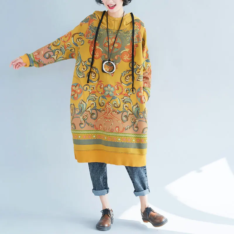 

Mori Girl Oversize Hooded Dress Casual Printed Bat Sleeve Drawstring Hooded Long Robe Plus Size Baggy Knitted cowboy Pullovers