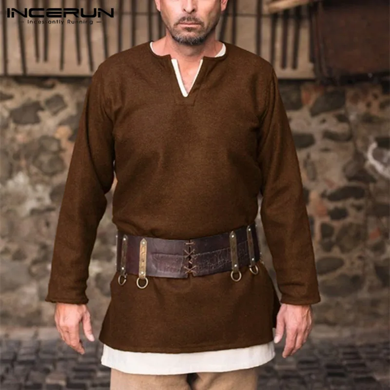 Vintage Dress Mens Shirt Cotton Medieval Renaissance Viking Tunic Long Sleeve Shirts Male Tops Camisas Kurta Men Clothes