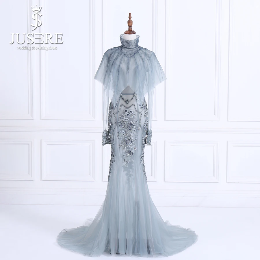 

JUSERE Elegant Long Evening Dress With Shawl Lace Appliques Beaded See Through Mermaid Formal Party Dresses 2018 Robe De Soiree