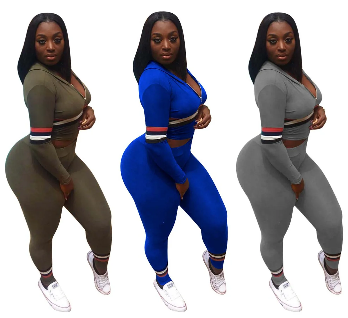 

African women's casual stripe side slim 2 piece autumn women's long-sleeved fitted hoodie and high-waisted tights J6028