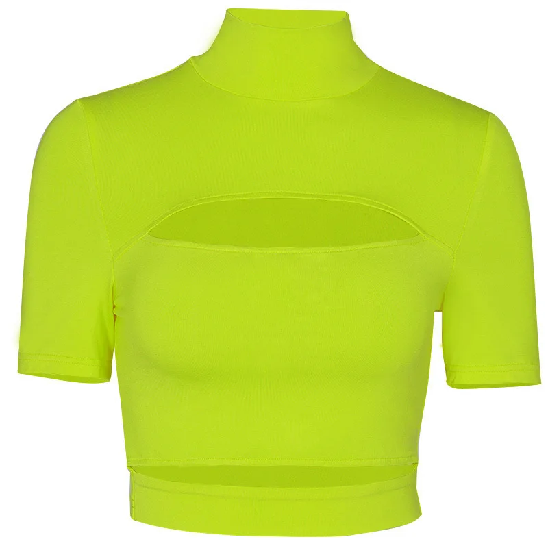 

Summer 2019 Womens T Shirt Neon Yellow Black Hollow Out High Neck Short Sleeve Sexy Crop Tops Woman Casual Trendy Clothes
