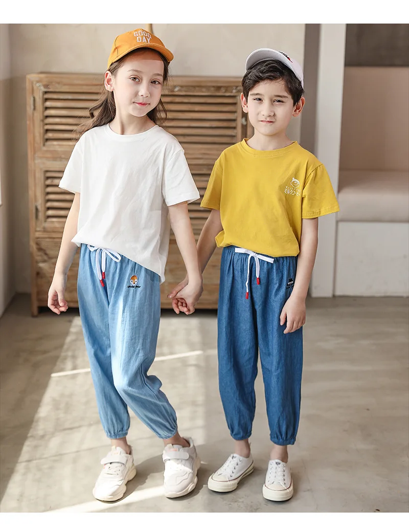 Новые детские противомоскитные штаны тонкая свободная летняя одежда для мальчиков джинсы для девочек длинные брюки штаны для мальчиков
