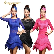 Женская танцевальная одежда для соревнований, костюм с блестками, комплект с рукавами, бахрома для сальсы, платья для бальных танцев, Дамское Платье для латинских танцев