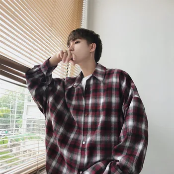 

Plaid Shirt Men Fashion Retro Loose Large Size Casual Long-sleeved Shirt Man Autumn New Street Wear Hip-hop Male Cotton Clothes