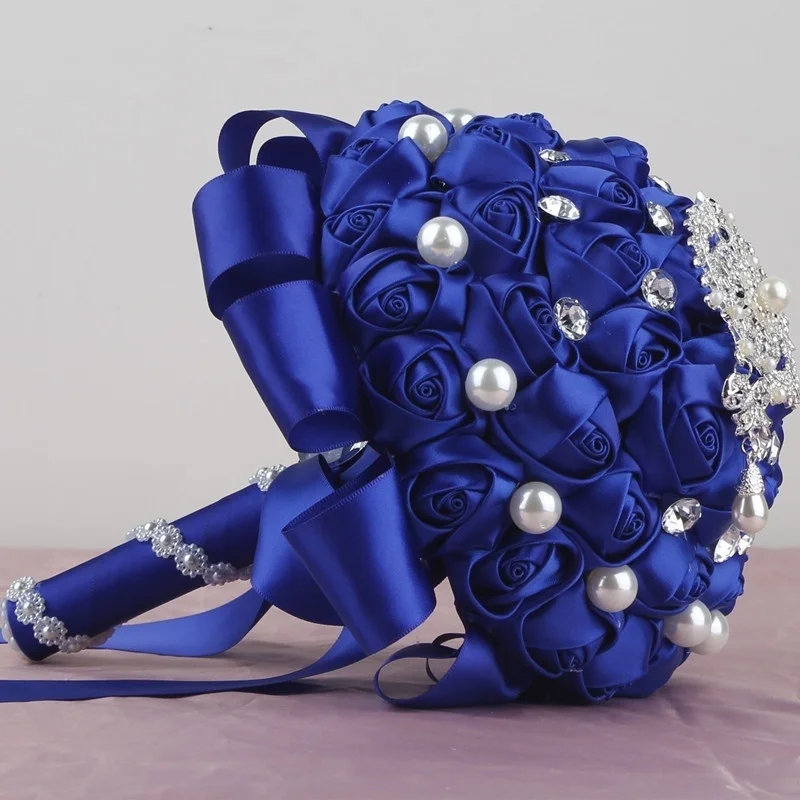 

Wholesale Gorgeous Crystal Beads Ribbon Royal Blue Wedding Bouquets Buque De Noiva Artificial Ramo Boda