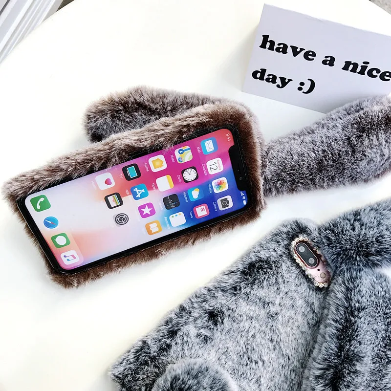 Меховой чехол для iPhone X XR XS Max милый 3D с кроличьими ушками пушистые теплые