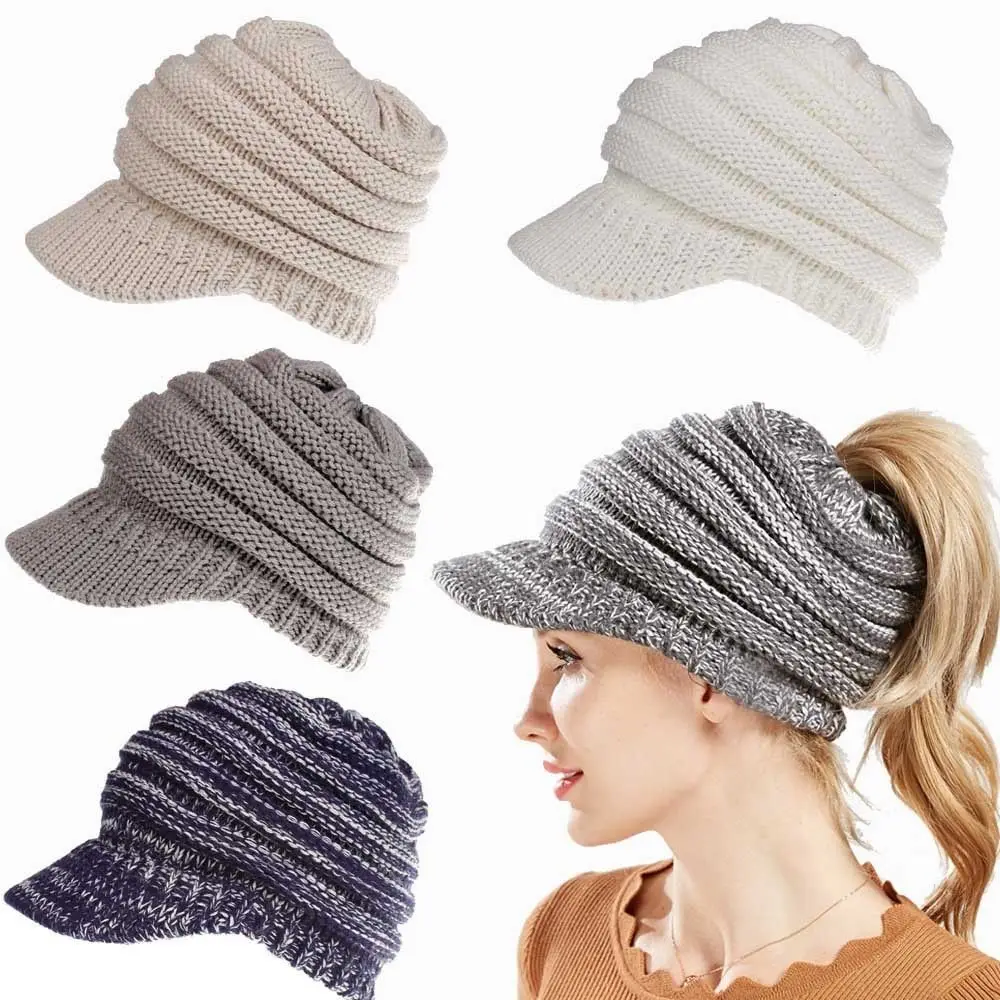 knit hat with messy bun hole