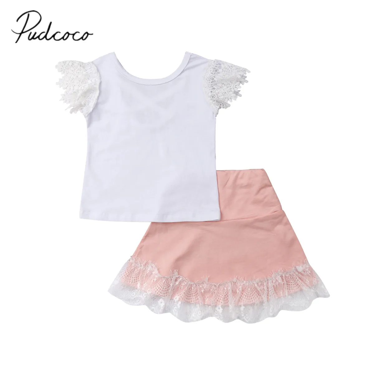 

2019 Brand New 0-5Y Toddler Kids Baby Girls Summer 2PCS Clothes Lace Sleeve Patchwork White T-Shirts Tops+Pink A-Line Skirts