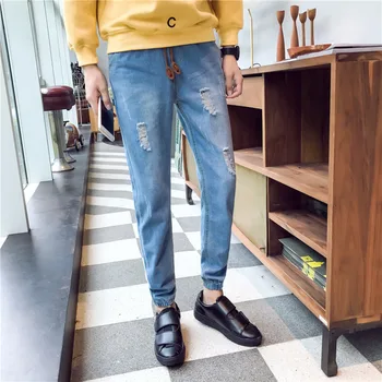 

Spring New Jeans Men Slim Fashion Washed Casual Torn Holes Denim Pants Man Street Hip Hop Cowboy Trousers Male Clothes M-2XL