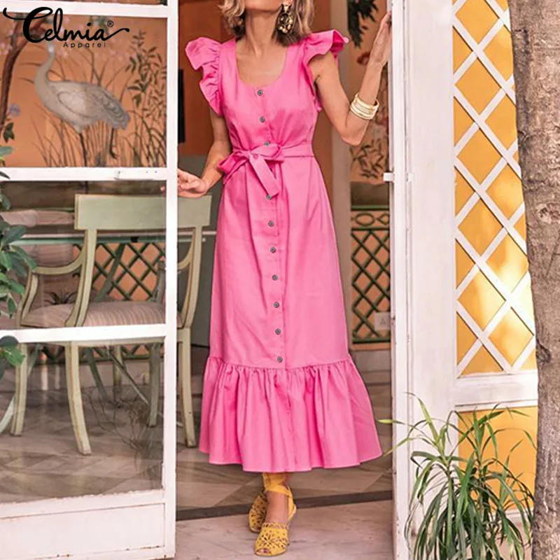 

Celmia Elegant Women Maxi Long Dress 2019 Summer Short Ruffle Sleeve Casual Belted Buttons Pleated Dress Party Vestido Plus Size