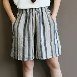 Летние винтажные женские льняные шорты повседневные Карманы полосатые шорты с высокой свободной эластичной талией широкие шорты