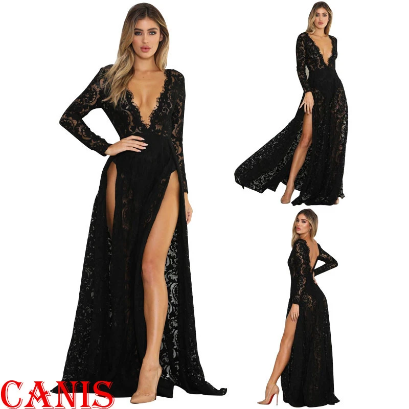 

Deep V Black Sheer Floral Lace Maxi Dress High Waist Sexy Women Buttoned Split Back Party Dress 2019 Ladies Beach Long Dress