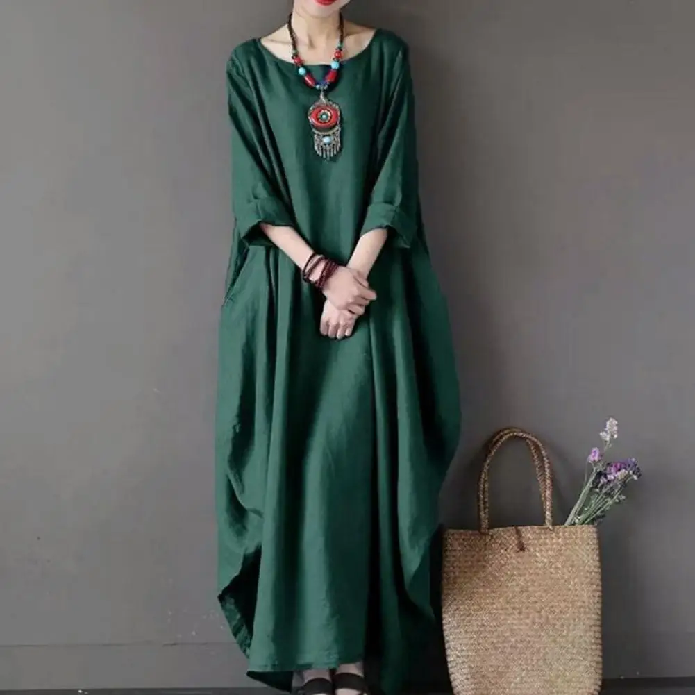 

Women Vintage Dress Solid Color Large Size Cotton and Linen Casual Long Dress Round Collar Loose Dress Female Clothes