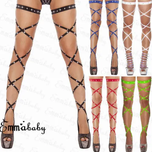 

Sexy Womens Thigh High Bodycon Teddies Bodysuits Leg Wraps Strap Bandage Stretchy Crystal Rave Dance Clubwear Teddies