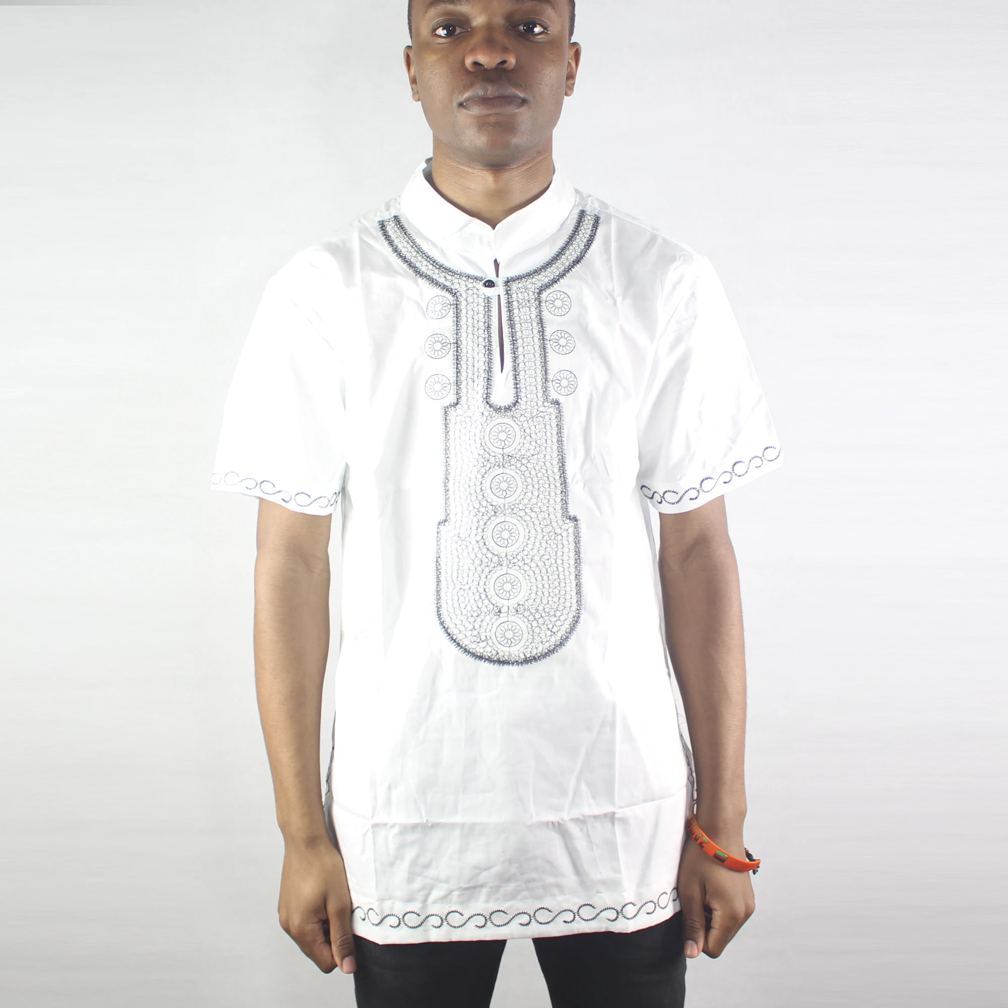 

White Holy Dot Embroidered Men`s Dashiki Tops Mandarin Collar Short Sleeved Ethnic Shirts for Summer Wearing