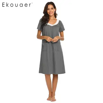 

Ekouaer Sleepwear Dress Nightgown Women V-Neck Nightwear Short Sleeve Pockets Nightdress Sleepwear Casual Lingerie Dress