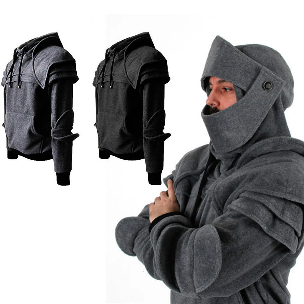 Autumn Winter Pulling Rope Mask Knight Hoodies Men Warm Solid Color ...