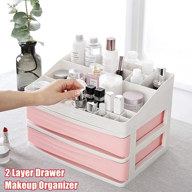 2 Tier desktop makeup storage box cosmetic Drawer Organiser Jewelry Makeup Cabinets Case Pens Sundry Home Barthroom table