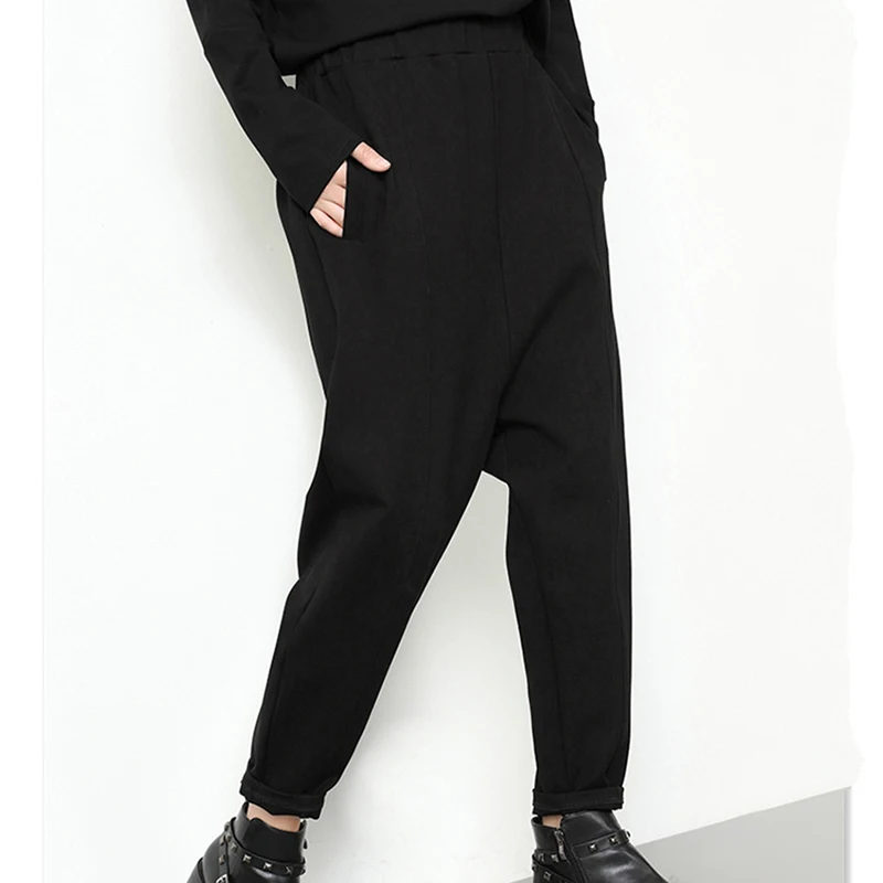  [EAM] 2020 New Autumn Winter High Elastic Waist Black Loose Pocket Long Brief Harem Pants Women Tro