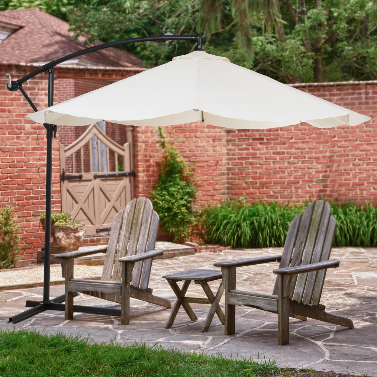 Offset 10 Foot Aluminum Hanging Patio Umbrella Tan With Base Bars Offset 10 Foot Aluminum Hanging Patio Umbrella Tan With Base Bars