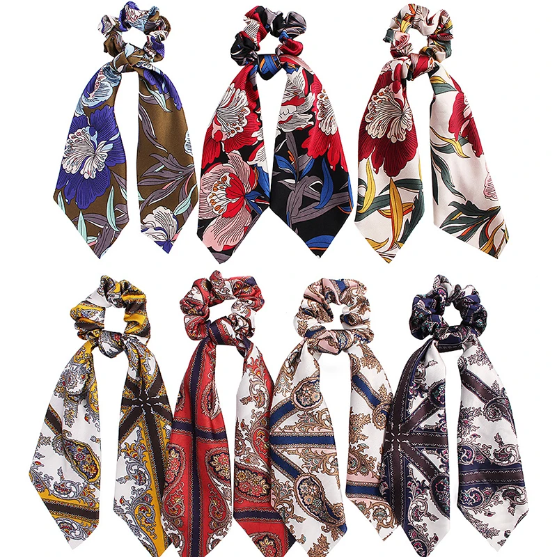 

2019 new fashion hair ribbon scrunchie fabric print elastic hair rope hairband satin hair accessories for women girls hair bows
