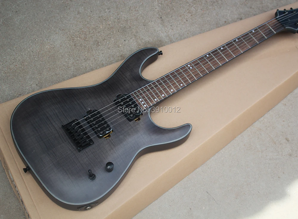 

High quality Matte Black Electric Guitar with Strings Thru Body,Flame Maple Veneer,White Dots Fret Inlay free shipping