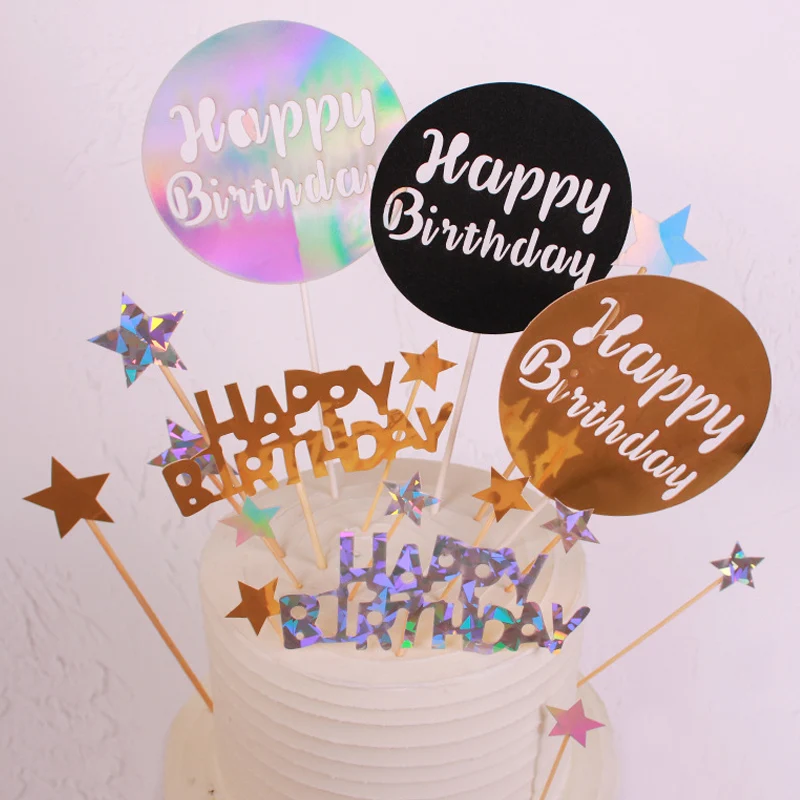 

Shiny Happy Birthday Baby Shower DIY Star Wedding Kids Paper Party Decor Glitter Cake Topper Round Laser