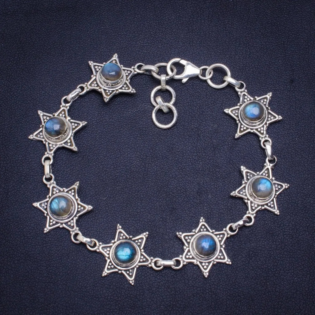 

Natural Blue Fire Labradorite Handmade Unique 925 Sterling Silver Bracelet 7.5-8.25" A2975