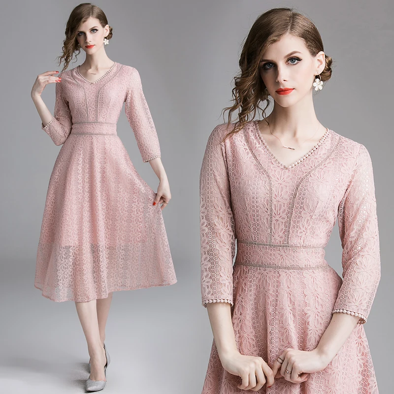 

lace pink party Hollow out summer dress 2019 fashion Runway Elegant lace dress