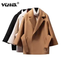 Осеннее верблюжье Короткое шерстяное пальто Женская куртка с поясом осеннее Однотонное шерстяное пальто с поясом Элегантная Женская Осенняя шерстяная куртка верхняя одежда