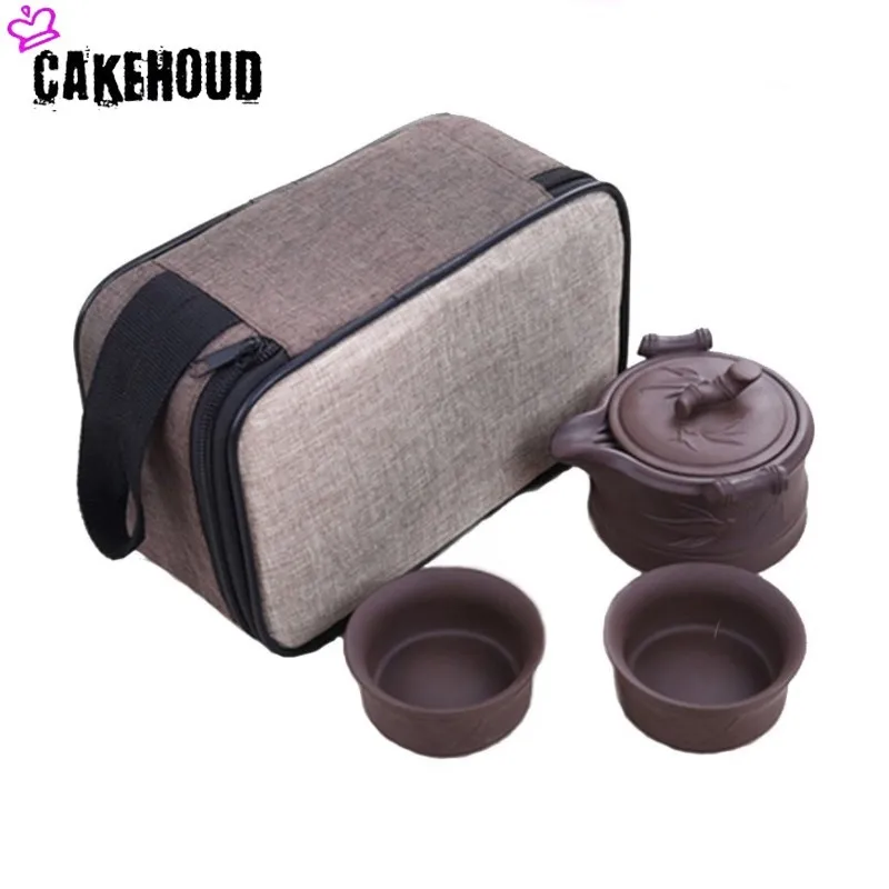 

CAKEHOUD Portable Travel Tea Set Handmade Chinese Retro Kung Fu Tea Set Purple Sand Teapot Cup Bamboo Tea Plate And Tea Mat