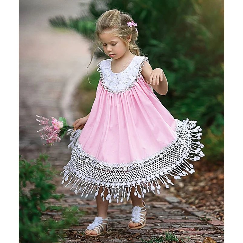 Kids beach dress summer A line tassel bohemian style princess holiday