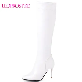 

Lloprost ke New 2019 Women Knee High Heel Boots Elegent Thin High Heel Pointed Toe Pu Leather Zipper Ladies Boots Szie 45 D779