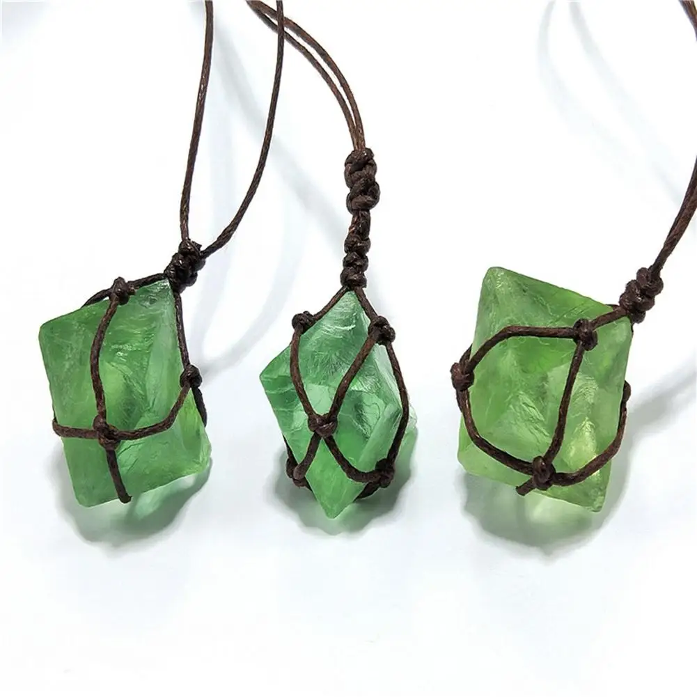 Натуральный Изумрудный Кристалл Кулон драгоценный камень жезл для рейки зеленый флюорит обернуть плетеные бусы Йога макраме для мужчин и женщин