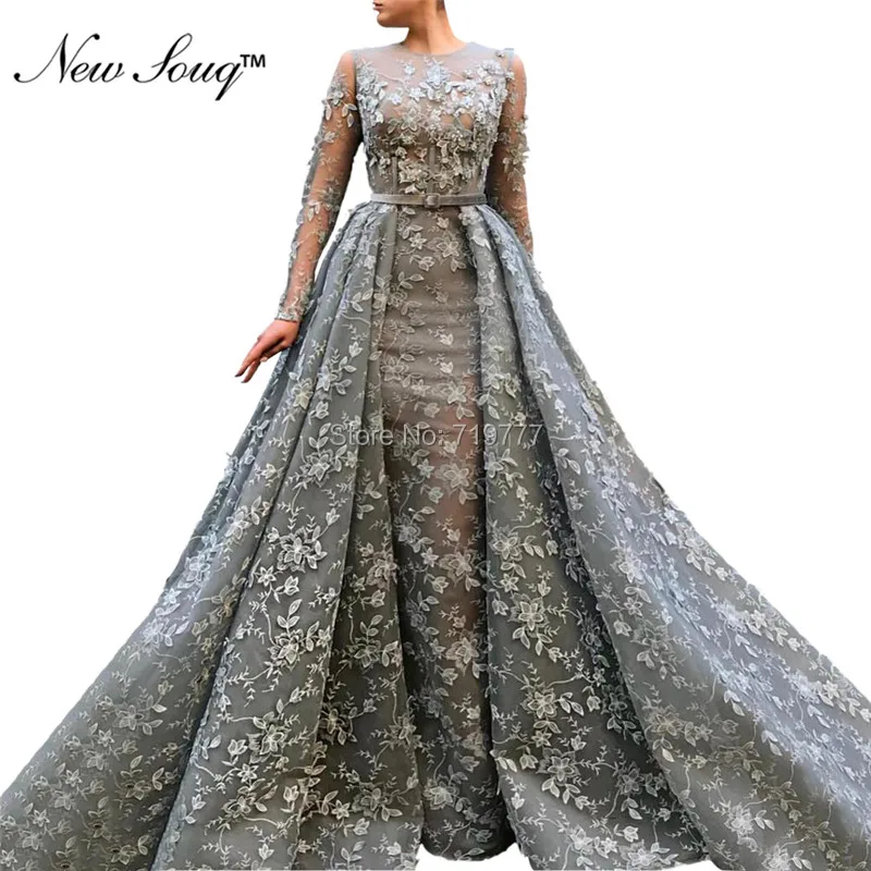 

Muslim Applique Flower Evening Dresses 2019 Saudi Arabic Long Robe Soiree Formal Party Dress Mermaid Dubai Prom Dress Two Pieces